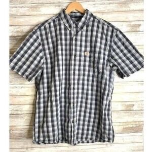 Carhartt Mens Relaxed Fit Gray/Blue Plaid Button-Down Short Sleeve Shirt Size L